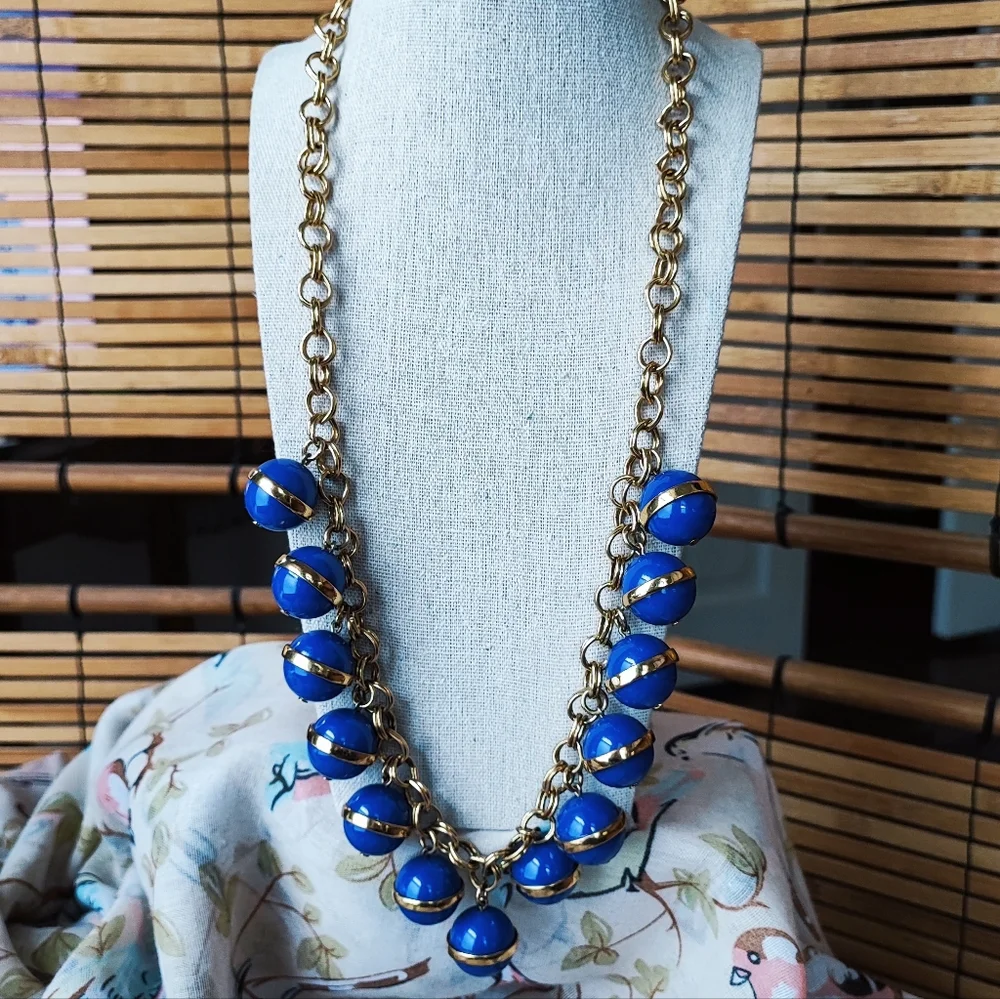 J. Crew Blue Balls Bauble Heavy Gold Tone Gumball Beaded Bands Beads Necklace